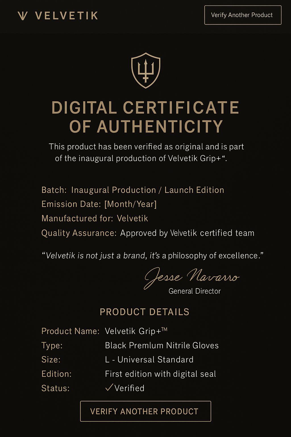 Velvetik Grip+™ – Digital Certificate of Authenticity